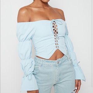 Maniere De Voir Lace Up Puff Sleeve Off Shoulder